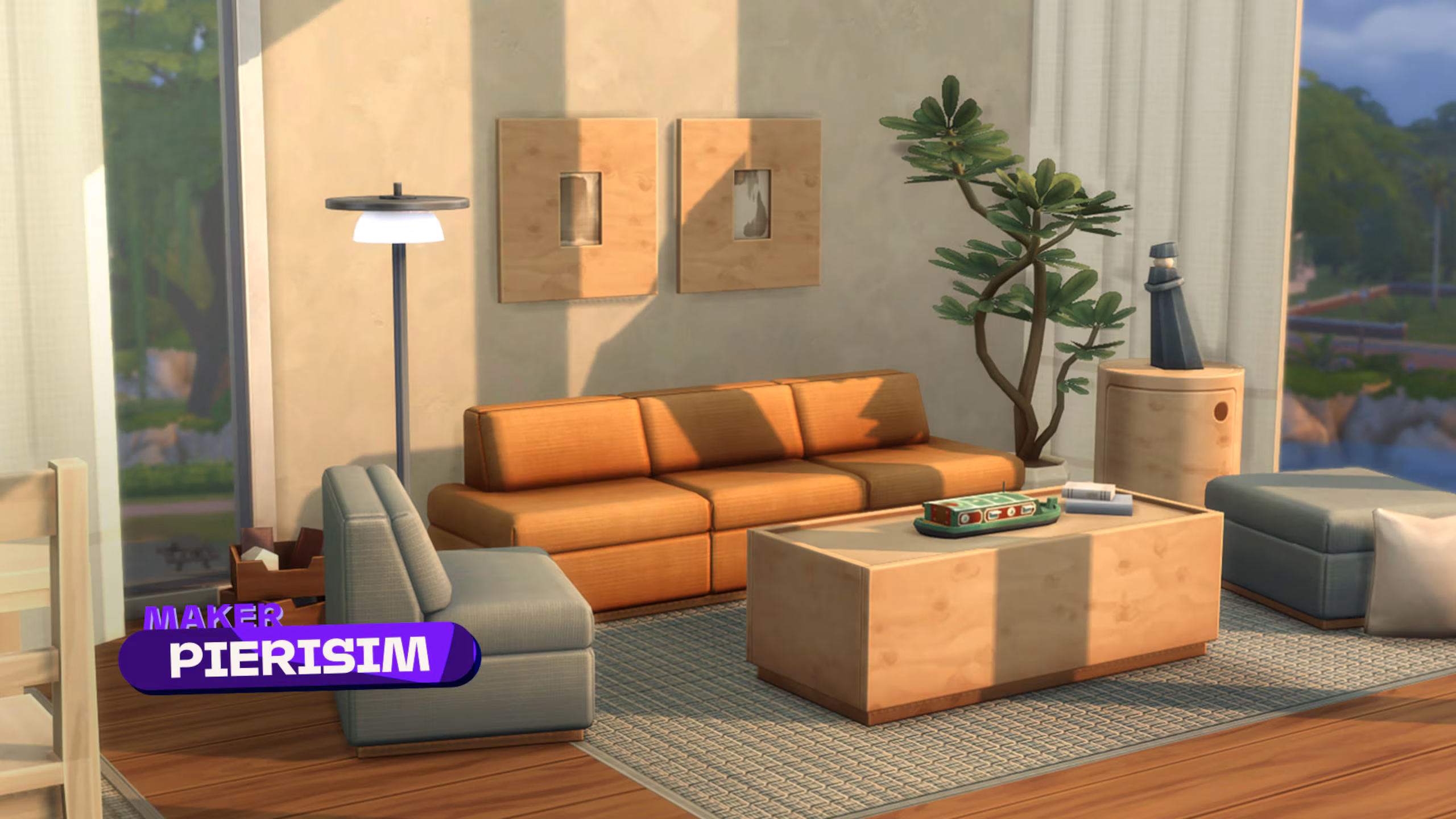 Salon moderne avec canapé et table basse du set Soft Lines Living créé par Pierisim dans Les Sims 4.