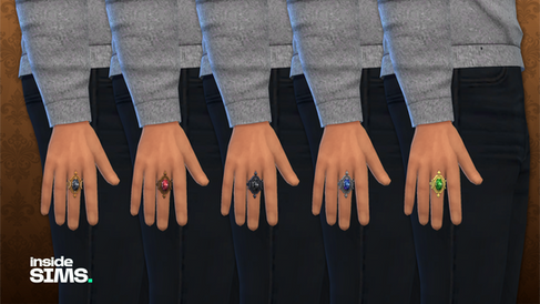 Gros plan sur différentes déclinaisons d’une bague familiale ornée de pierres précieuses de couleurs variées portée à la main.