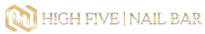 High Five Nail Bar logo featuring a sleek gold emblem and elegant gold serif lettering on a black background.