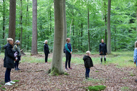 Who Cares Art, Anne Mølleskov guiding a participatory forest walk in Jægersborg Hegn, Denmark, 2020