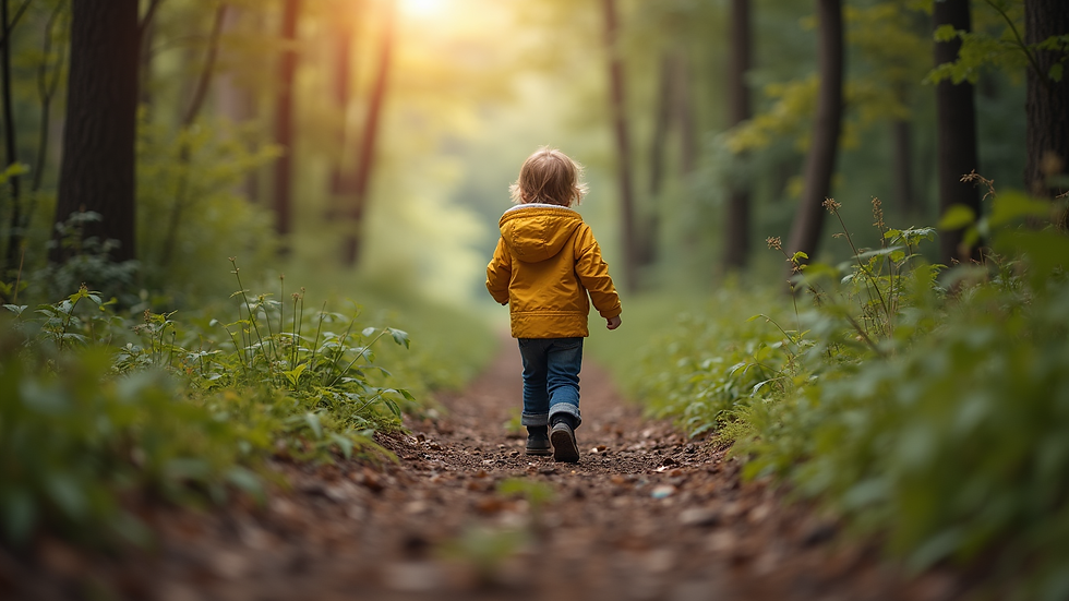 Eye-level view of a child exploring a forest trail