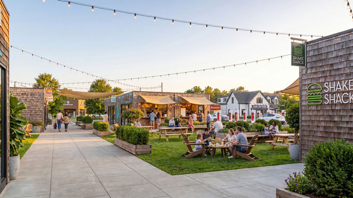 3D architectural rendering of an outdoor retail and dining village with Shake Shack, pop-up shops, picnic tables, pedestrians, and string lights.