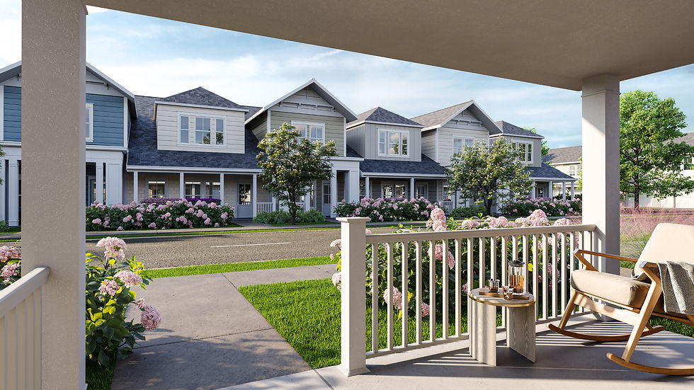 View of suburban street from a porch with a rocking chair, table, and drink set. Flowering shrubs and BTR townhouses line the street under a blue sky.