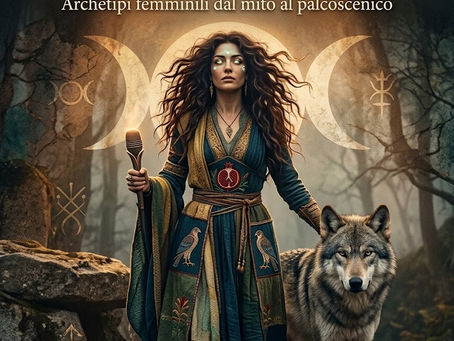 Italian poster of a mystic woman with a staff beside a wolf in a foggy forest, with moon symbols and poetry lesson text.