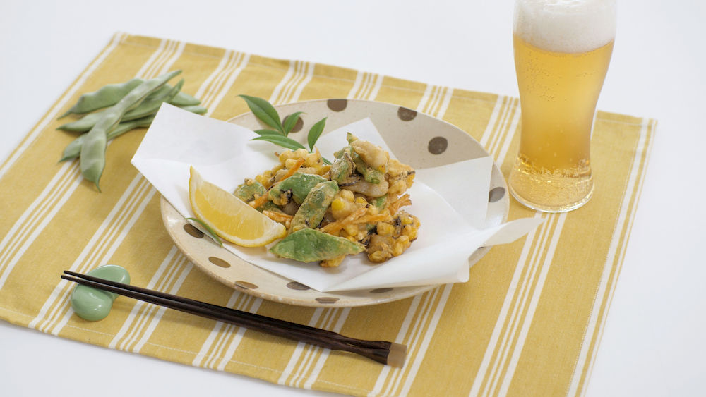 あこや貝柱と夏野菜のかき揚げ