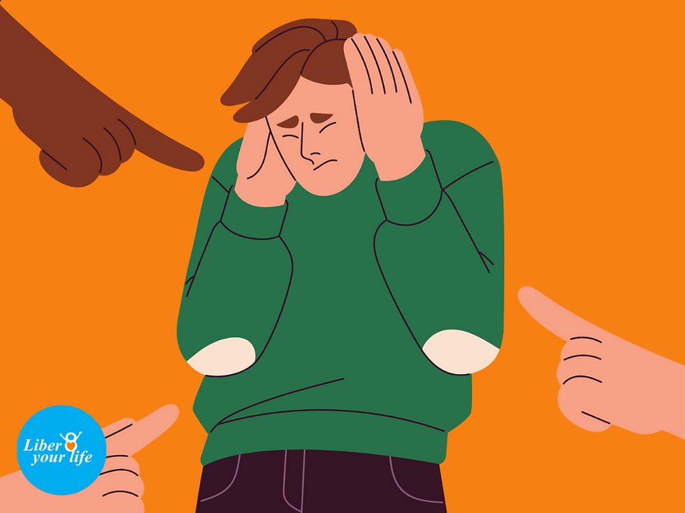 Graphic of a man wearing a green jumper and dark trousers with his hands over his ears. His eyes are shut and he has a pained expression on his face. From three of the corners of the graphic are hands pointing the finger at him. The graphic background is orange