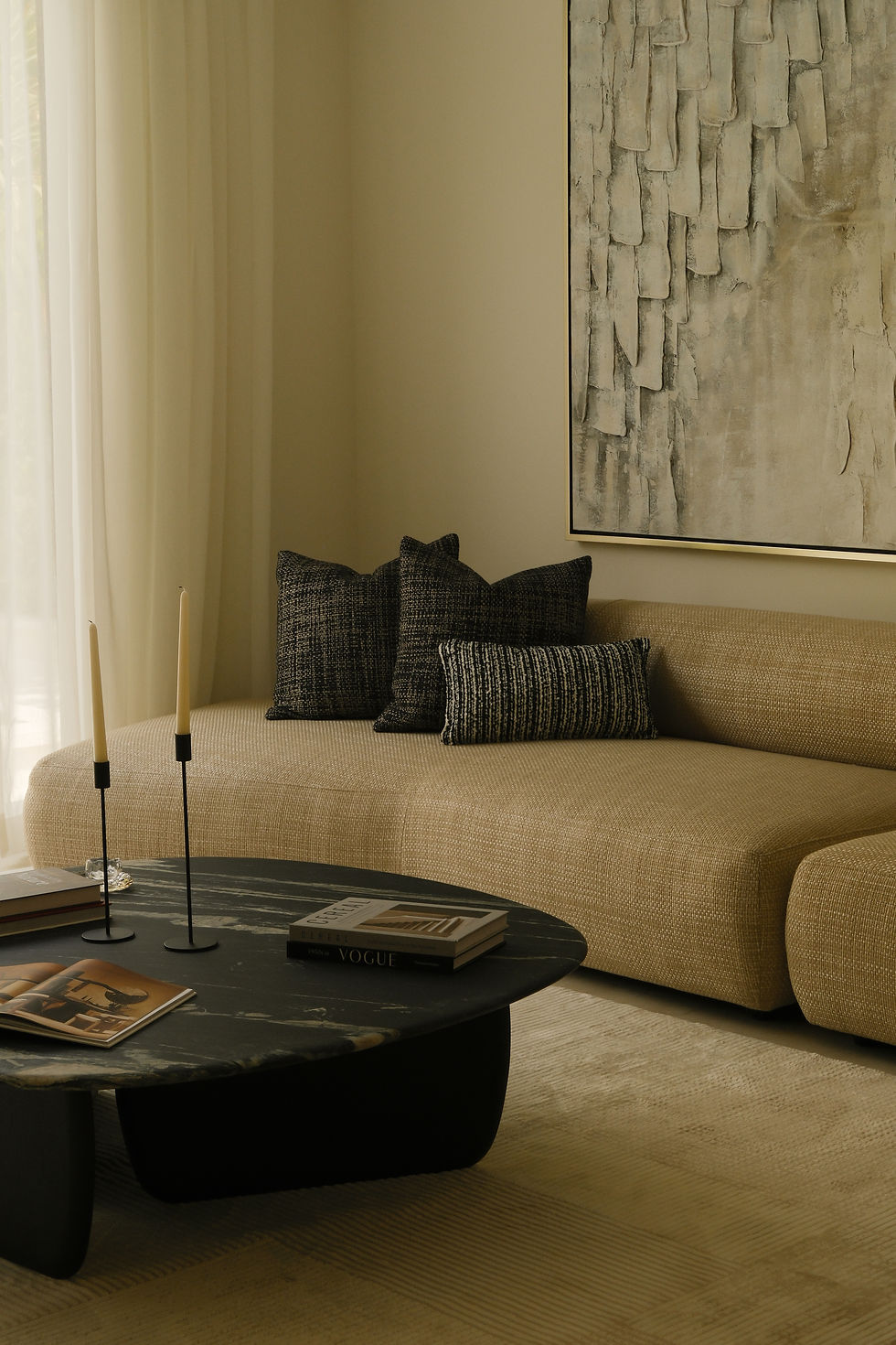 Scandinavian-inspired living space with natural textures and soft lighting