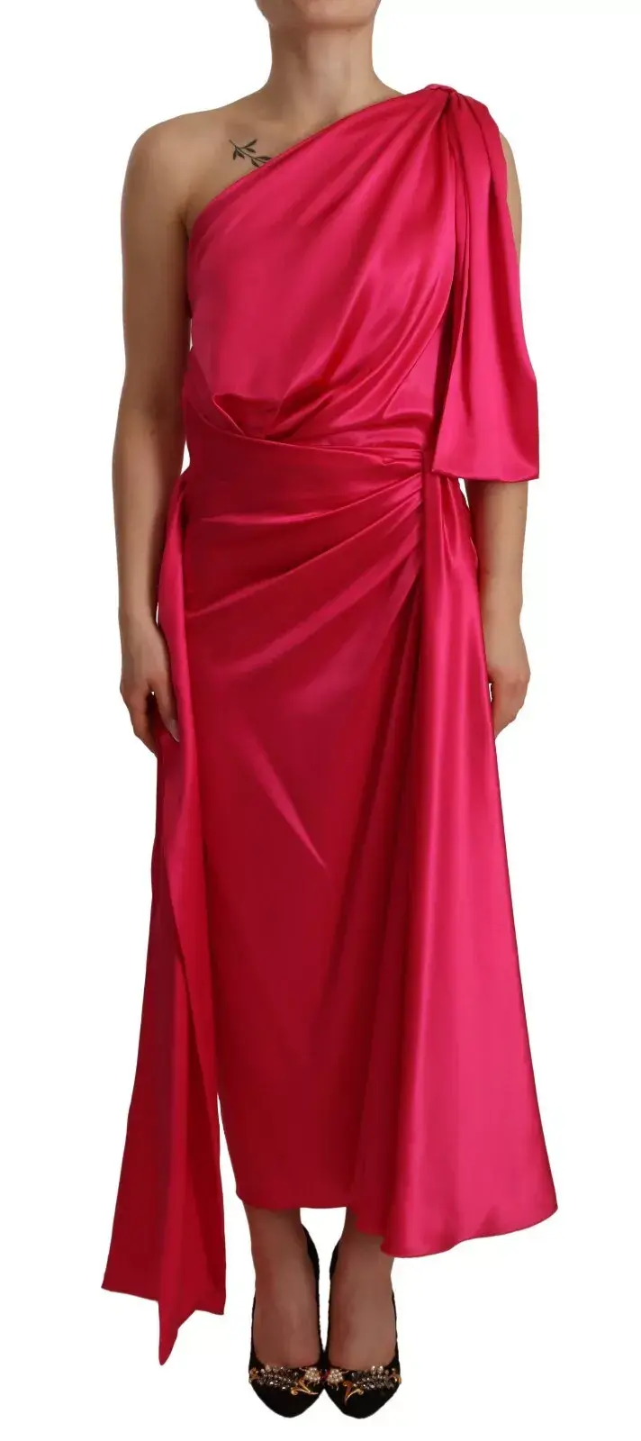 Silk Pink Fitted Cut One Shoulder Midi Dress
