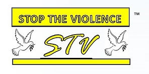 STVP, white doves, stop the violence, yellow letters