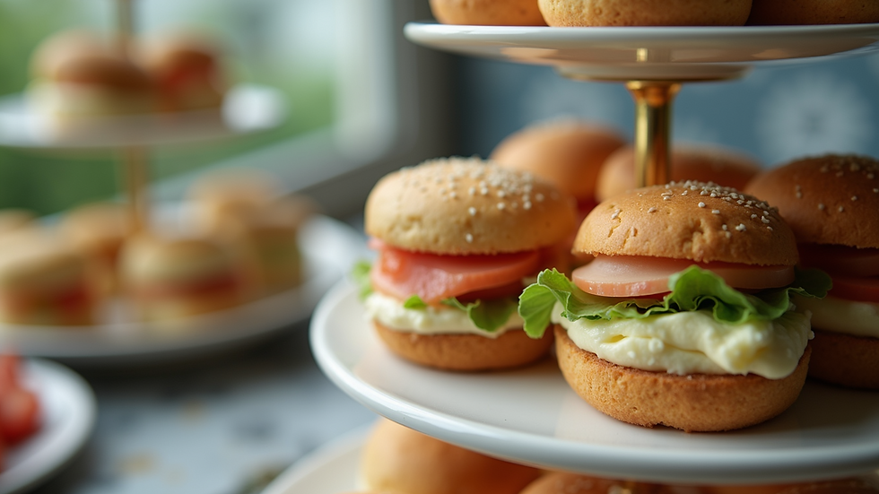 Eye-level view of a selection of finger sandwiches on a tiered stand