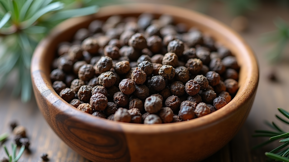 Close-up view of dried juniper berries in a wooden bowl