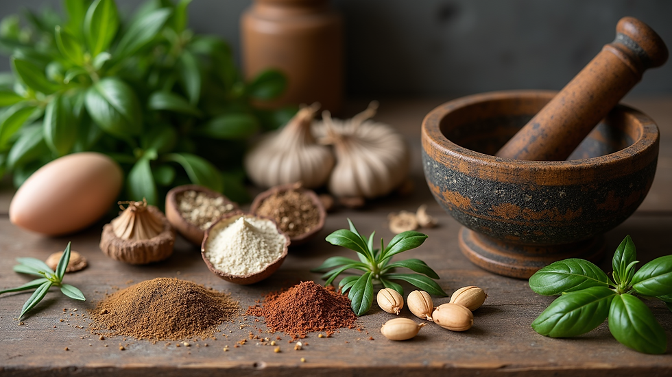 High angle view of a rustic kitchen counter with herbal ingredients and a mortar and pestle