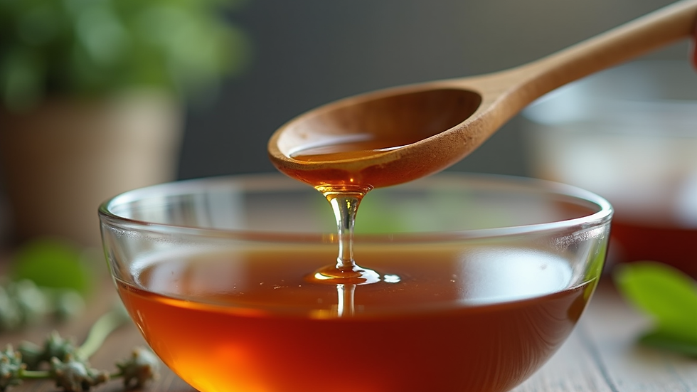 Eye-level view of a wooden spoon dripping herbal syrup into a glass bowl