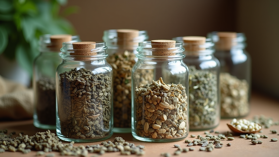 Close-up view of dried organic herbs in glass jars