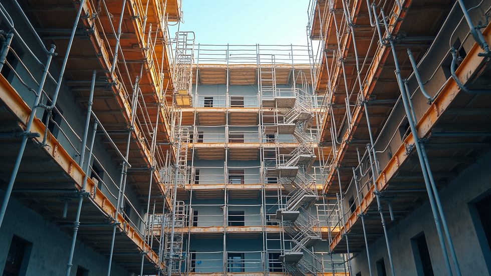 High angle view of scaffolding being assembled on a commercial building site