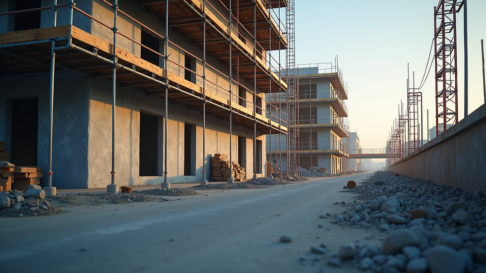 Eye-level view of scaffolding setup on a commercial building site