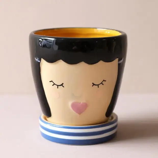 Blue Face Ceramic Planter and Tray, 9cm