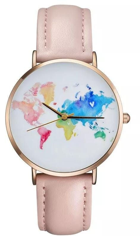 Relógio de pulso mapa mundi pulseira rosa
