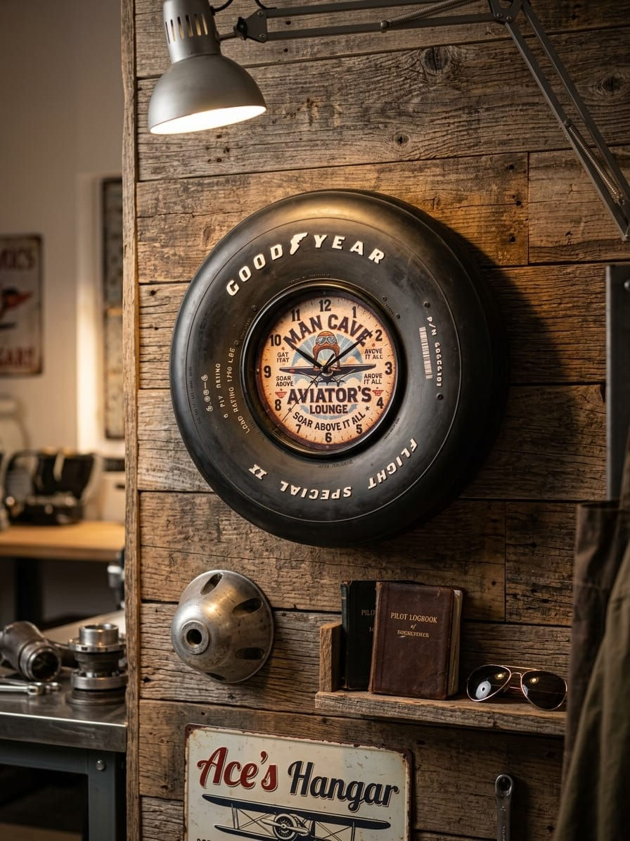 Relógio de Pneu de Avião - Man Cave Aviator Lounge - decorativo
