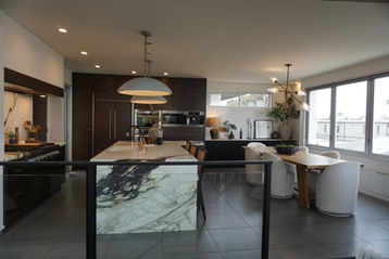 Dark wood cabinets.
