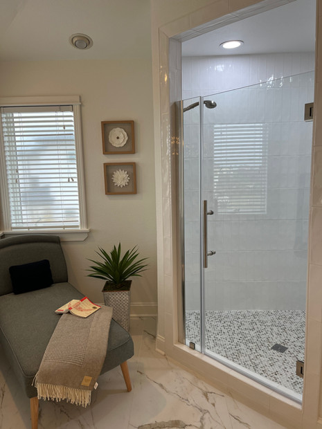white subway, vertical stack, penny tile, walk-in shower