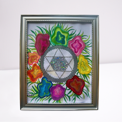 Gray and Blue glitter religious illustration with serene spiritual symbolism, handmade and framed by Bubbie’s Art Shack.