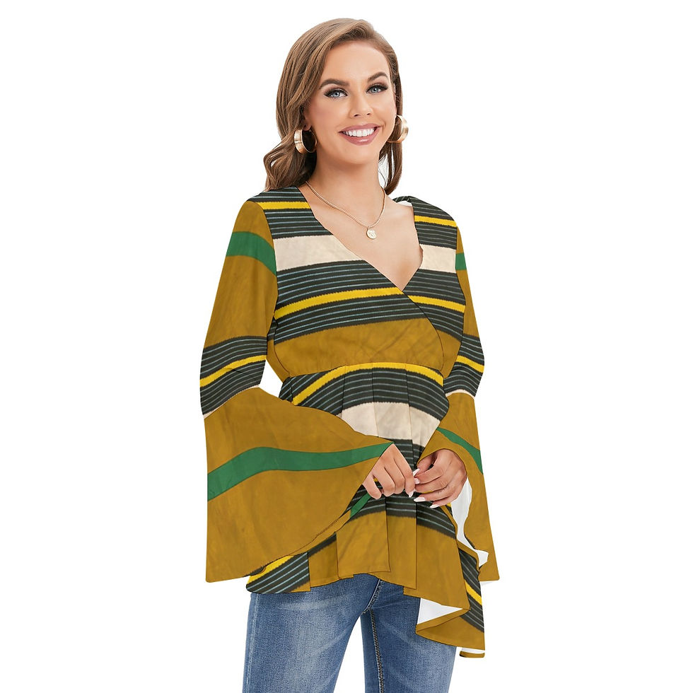Thumbnail: All-Over Print Women's V-neck Blouse With Flared Sleeves