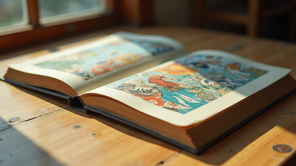 Eye-level view of a vibrant book cover displaying creative illustrations