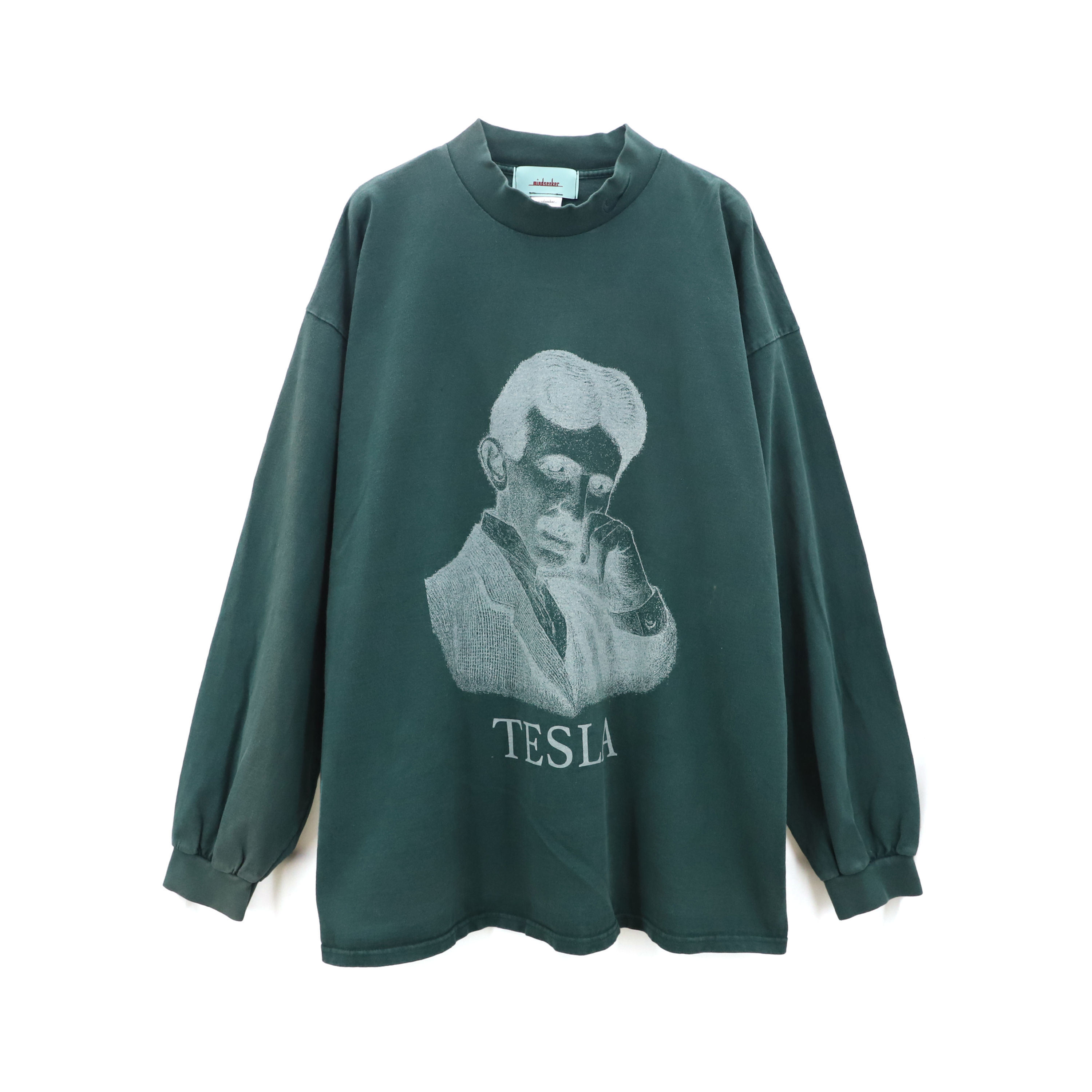 Vintage Printed NIKOLA TESLA Mock Neck L/S Tee / DARK GREEN