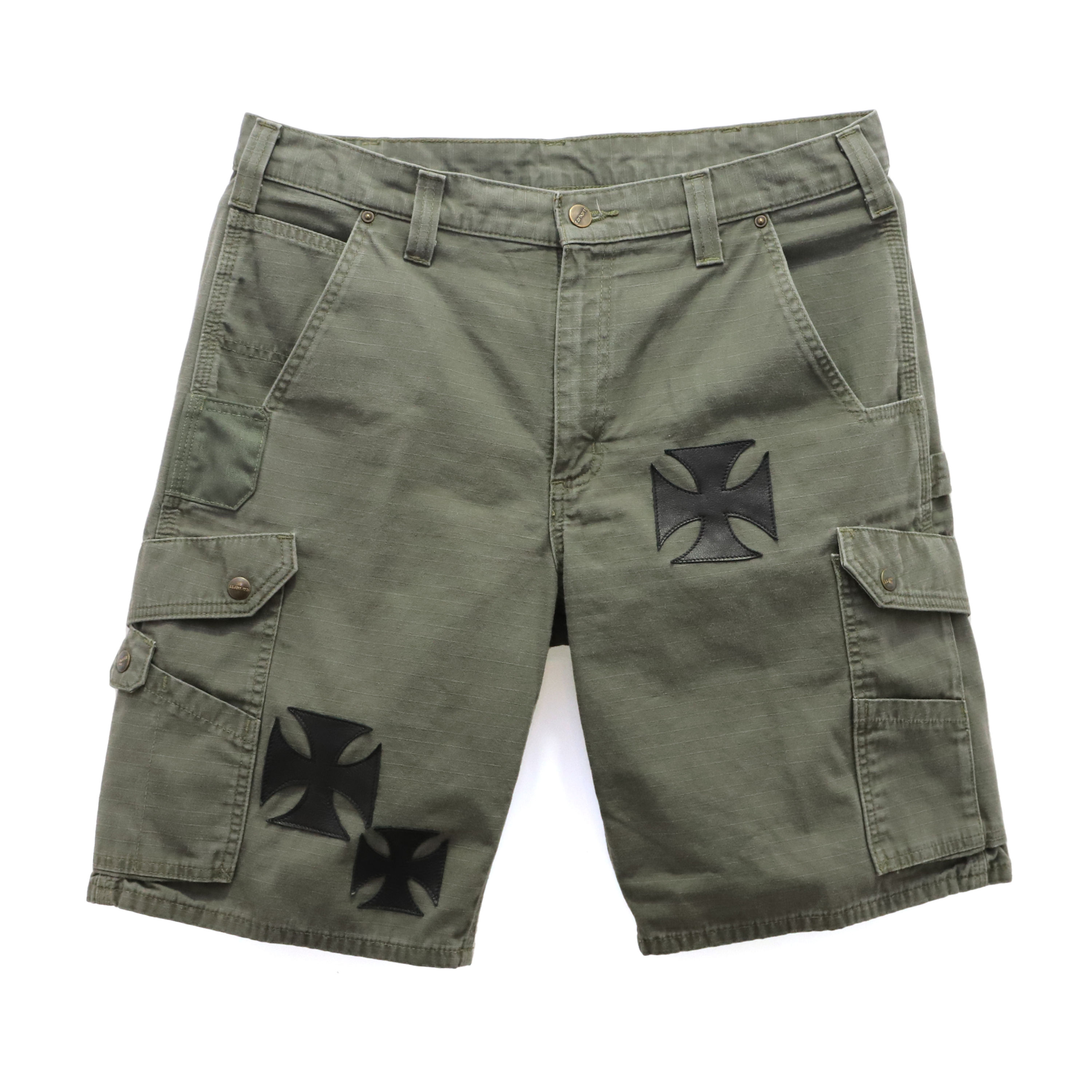 Vintage Remake Iron Cross Patch Cargo Shorts / OLIVE