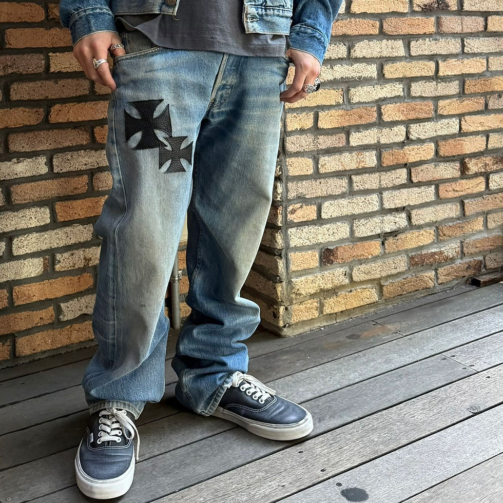 Thumbnail: Vintage Remake Iron Cross Patch Denim Pants  / BLUE