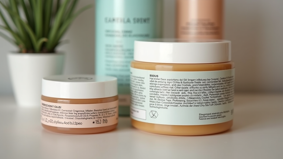 Close-up view of cosmetic product labels showing ingredients and regulatory information