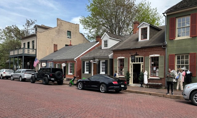 Brick streets and shops in Downtown St. Charles, MO