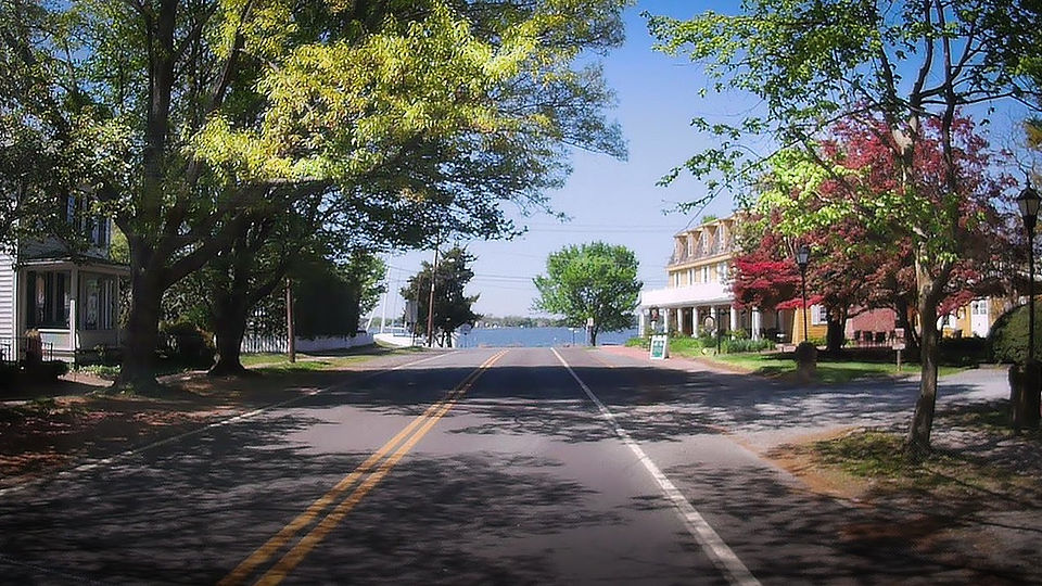 Small town street meets water's edge