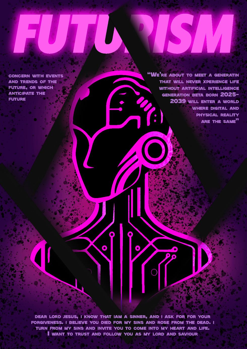 Futuristic robot silhouette with purple geometric background.