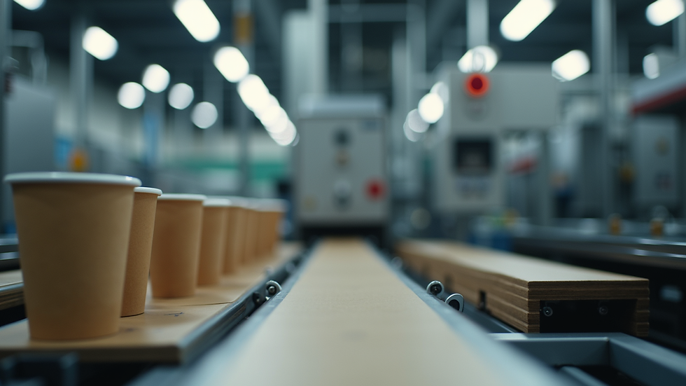 Eye-level view of a production line with cardboard cups being printed