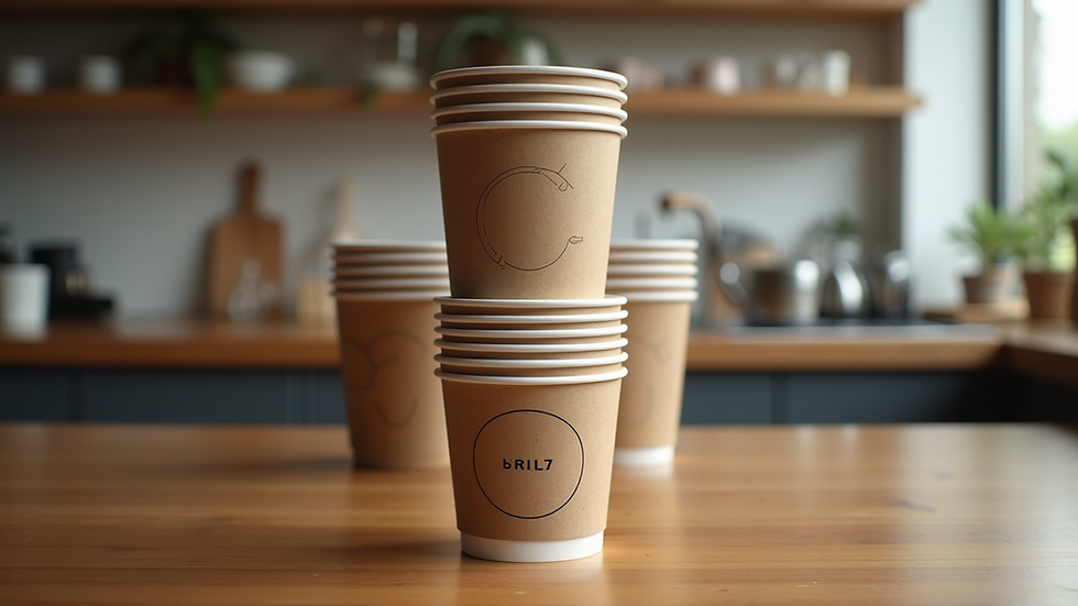 Eye-level view of a stack of branded paper cups on a wooden table