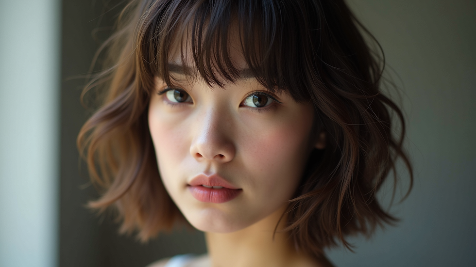 Close-up view of layered haircut with side bangs