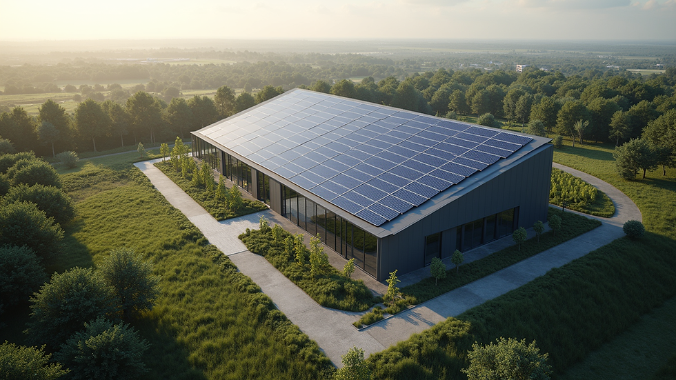 High angle view of sustainable building with solar panels