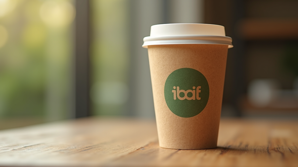 Close-up view of a single branded cardboard cup with eco-friendly label