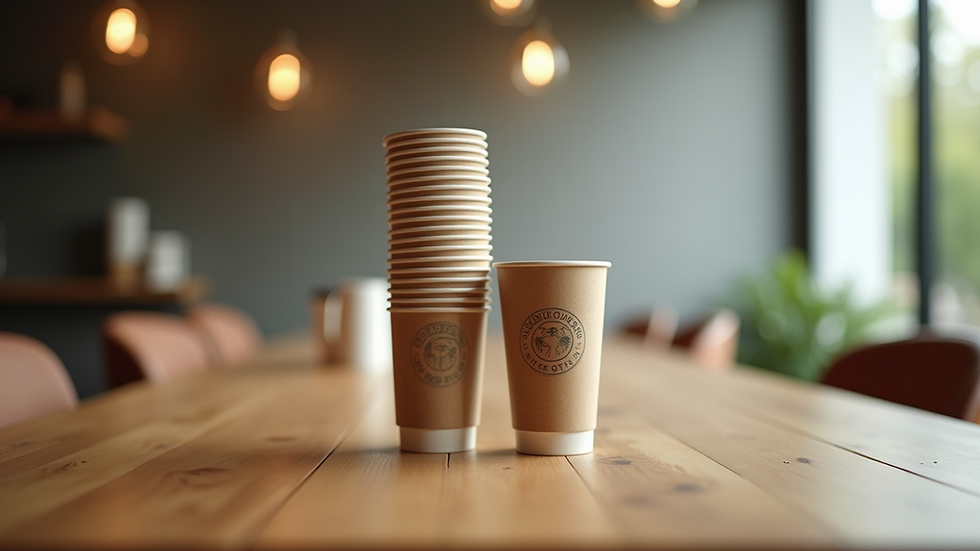 Eye-level view of a stack of branded cardboard cups on a wooden table