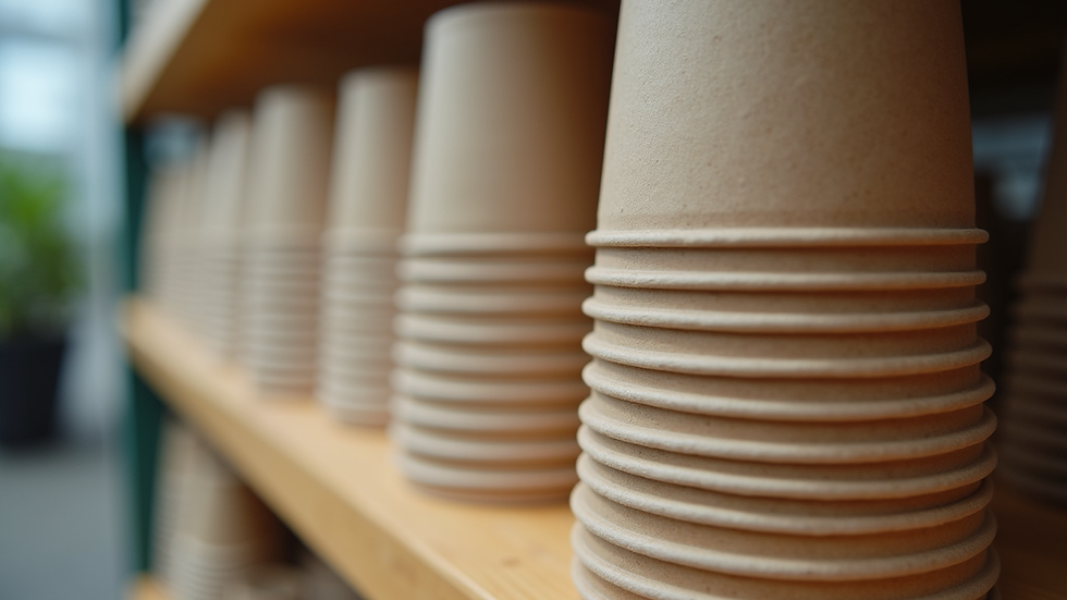 Eye-level view of stacked cardboard cups ready for distribution