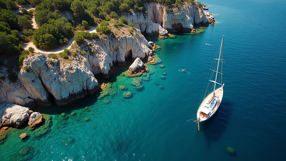 High angle view of a yacht sailing near rocky coastline with clear blue water