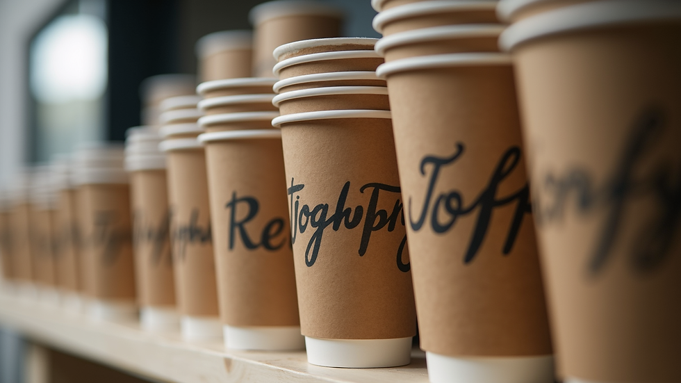 Close-up view of a stack of printed cardboard cups with logos