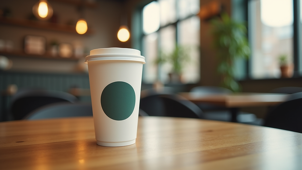 Eye-level view of a branded disposable cup on a wooden table