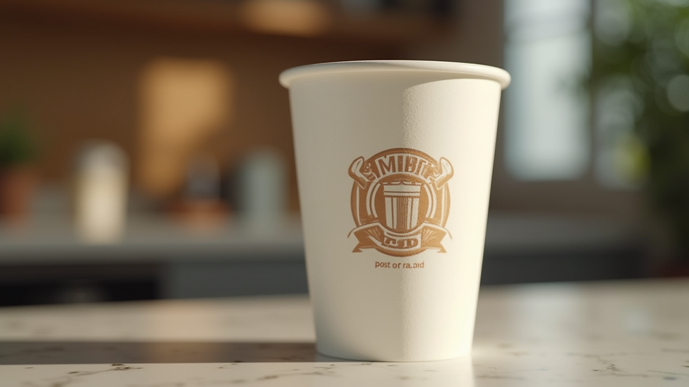 Close-up view of a branded disposable paper cup with a clear logo