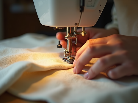 A warm-toned, detailed shot of hands skillfully sewing fabric with a sewing machine, soft