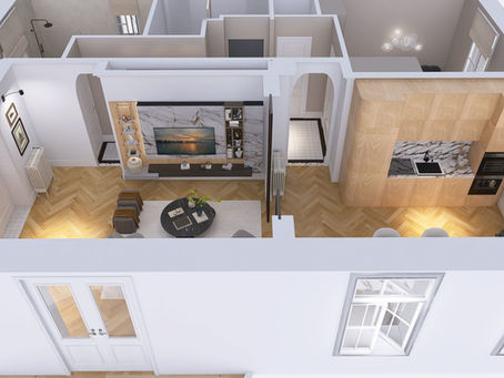 Appartement moderne vue de dessus. Salon avec parquet, TV murale, table basse. Cuisine marbre et bois. Logo "House of Moods" visible.