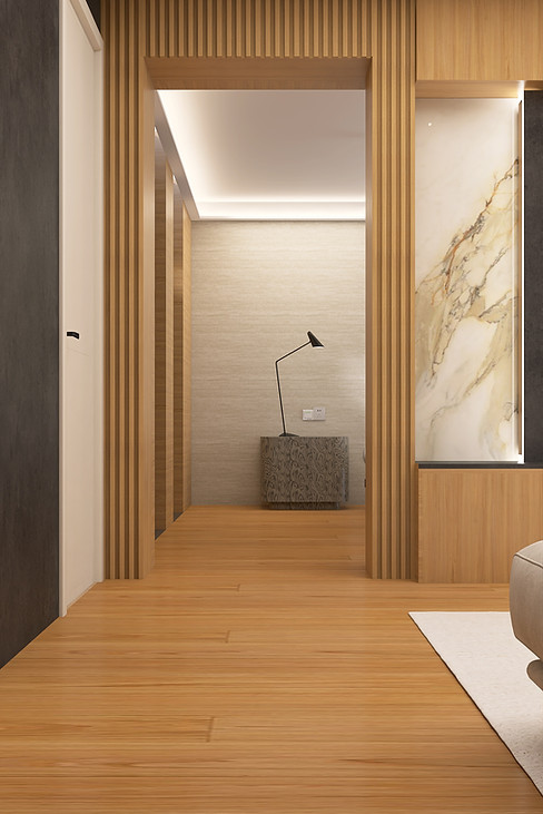 Interior architecture hallway with fluted oak wall panels and warm lighting — House of Moods Lausanne