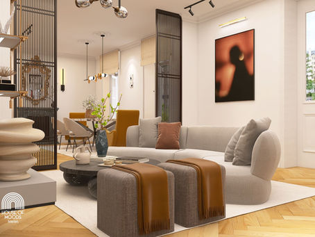 Salon moderne avec canapé gris, poufs marron, table basse noire. Décor minimaliste, intérieur lumineux, parquet et grandes fenêtres.